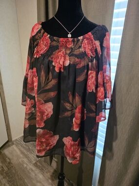 a.n.a Black Peasant Blouse with Red Floral Print